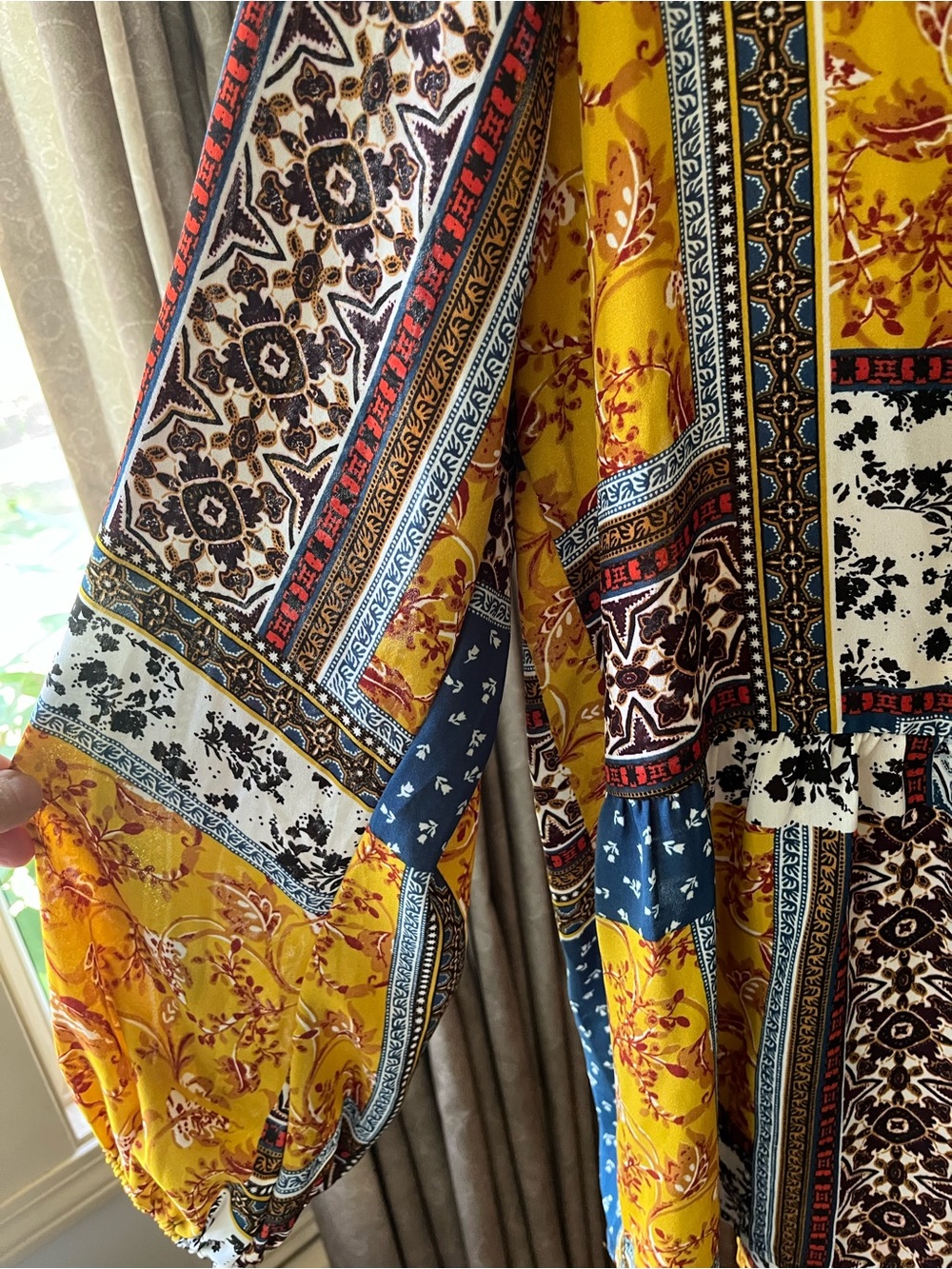 Chenault Yellow Multi-Print Boho Tie-Front Top - Picture 2 of 6